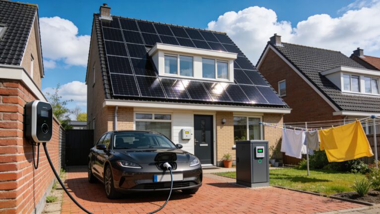Modern Nederlands rijtjeshuis met zonnepanelen op het dak en elektrische auto aan de laadpaal op een zonnige lentemiddag