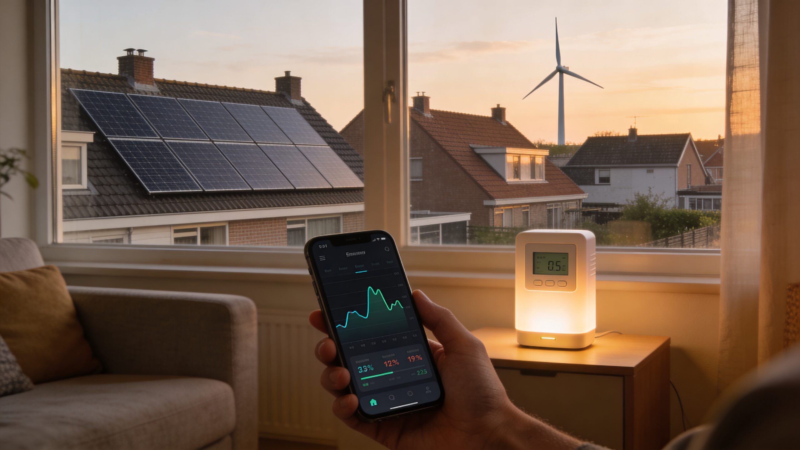 Hand met smartphone die schommelende energieprijzen toont in een Nederlandse woonkamer met zonnepanelen en windturbine in beeld