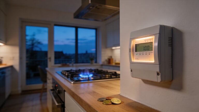 Slimme energiemeter in een Nederlands huis met op de achtergrond een gaspit, symbool voor stijgende energietarieven