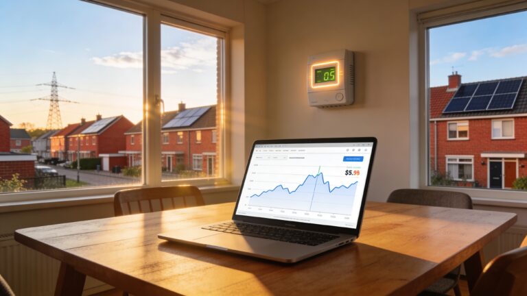 Nederlands huiskamertafereel met laptop die een grafiek van stroomprijzen toont, slimme meter aan de wand en uitzicht op rijtjeshuizen met zonnepanelen