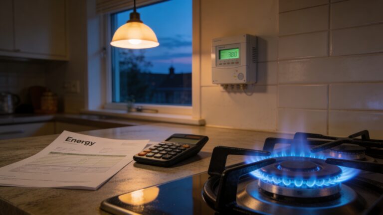 Nederlands huishouden met gasfornuis en slimme meter aan tafel met energiecontract