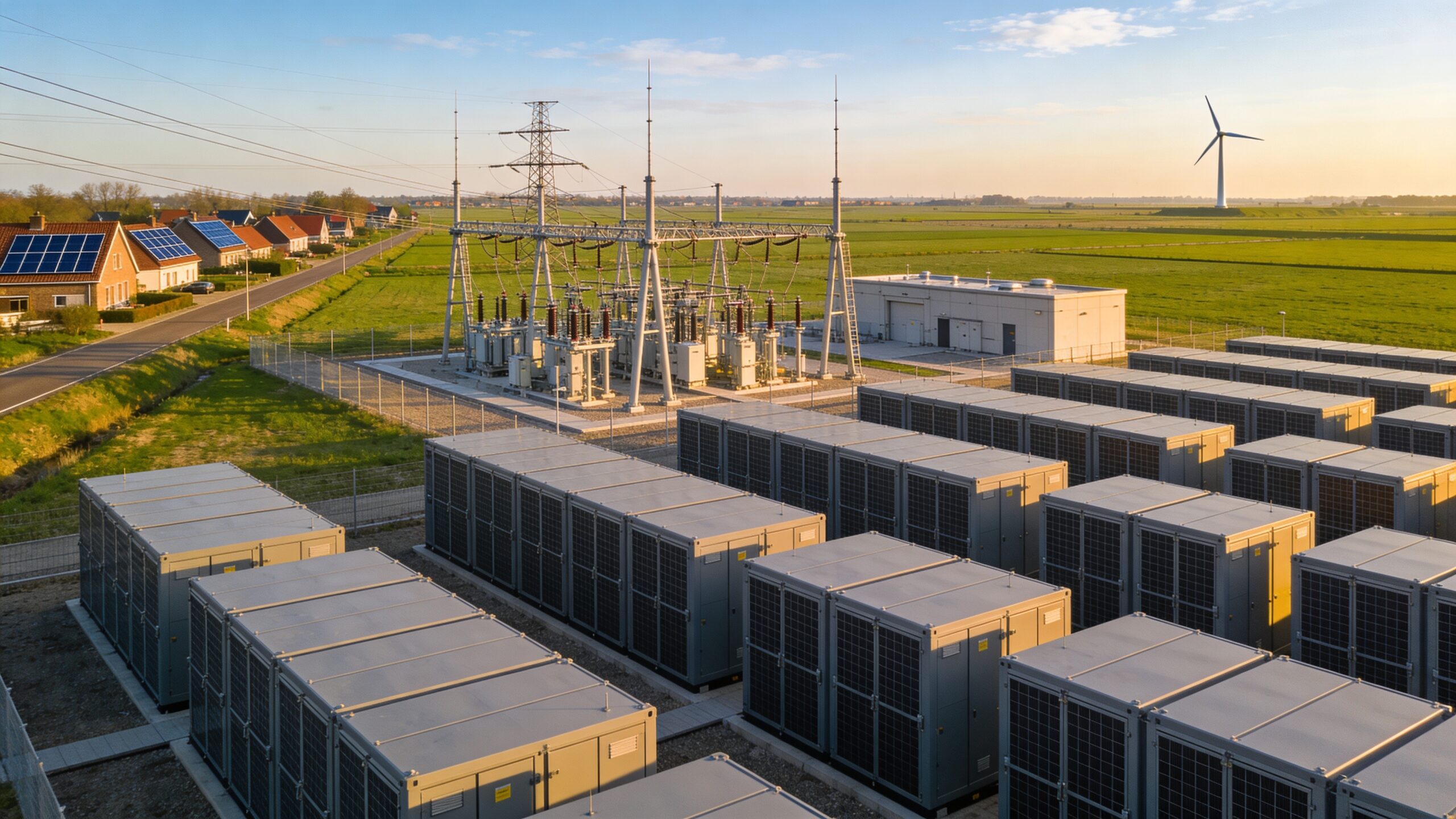 Aerial view van een nieuw Nederlands hoogspanningsstation in een polderlandschap met batterijcontainers