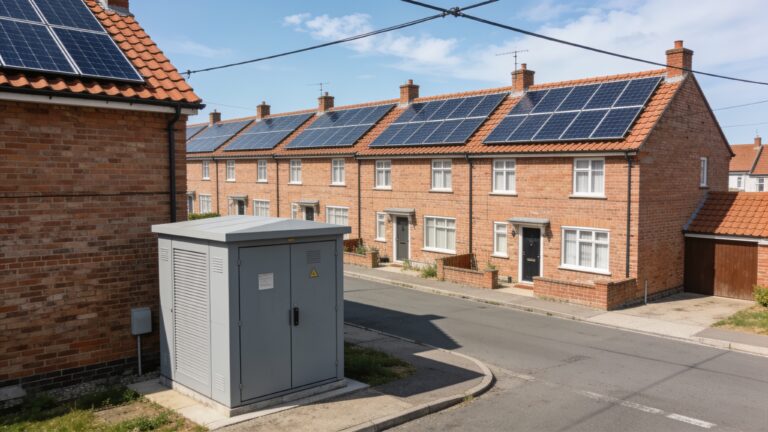 Nederlandse rijtjeswoningen met zonnepanelen en transformatorhuisje, Enexis Zonnedimmer