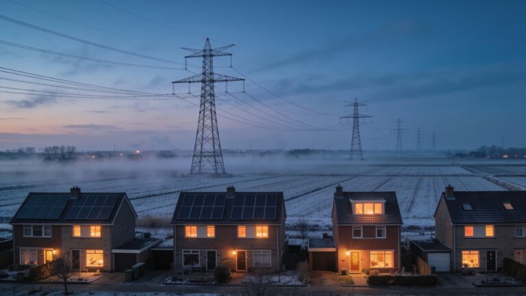 Hoogspanningsmasten boven een Nederlands polderlandschap in de schemering met verlichte woonwijk en zonnepanelen