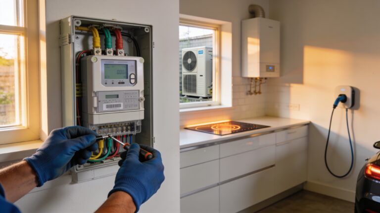 Elektricien installeert zwaardere driefase-aansluiting in een Nederlandse meterkast