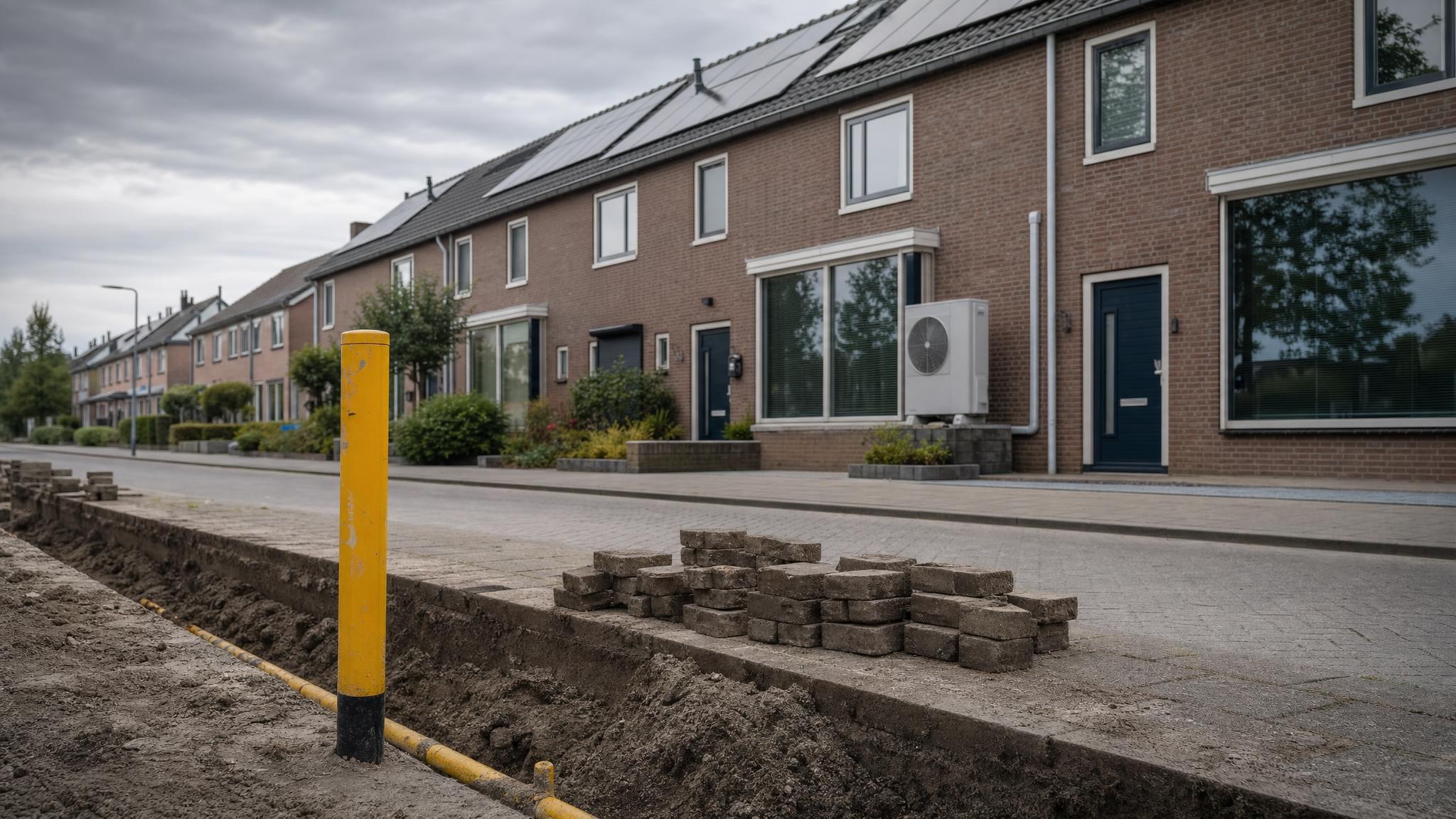 Opengebroken stoep met gele gasleiding voor een rij Nederlandse woningen met zonnepanelen