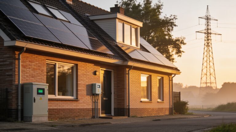 Nederlandse rijtjeswoning bij zonsondergang met zonnepanelen op het dak en een slimme meterkast, symbool voor stijgende energieprijzen