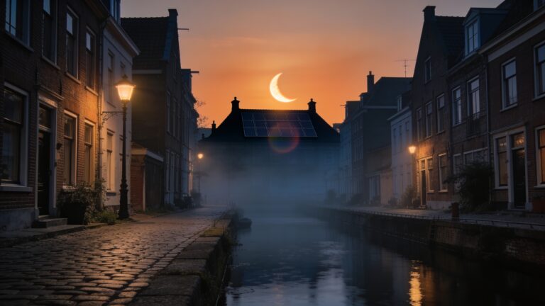 Nederlandse straat bij schemer met gedeeltelijke zonsverduistering boven de daken en zonnepanelen