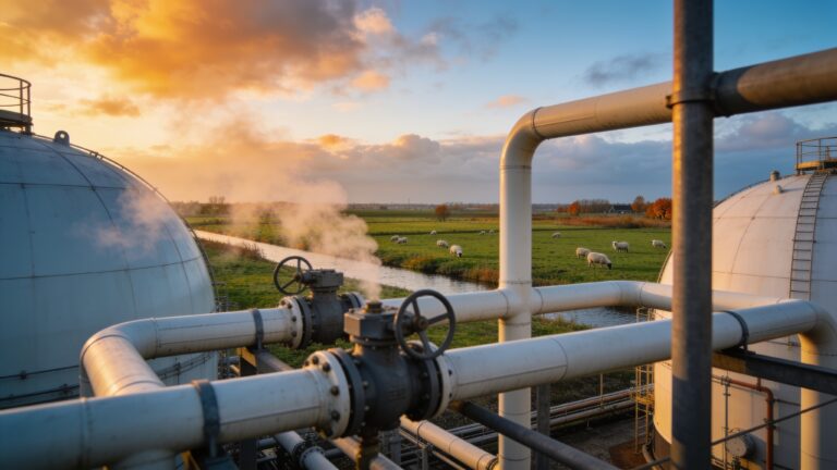 Industriƫle gasopslaginstallatie in het Nederlandse polderlandschap bij avondlicht
