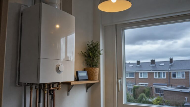 Cv-ketel aan de muur in een Nederlandse woning op een grauwe herfstochtend