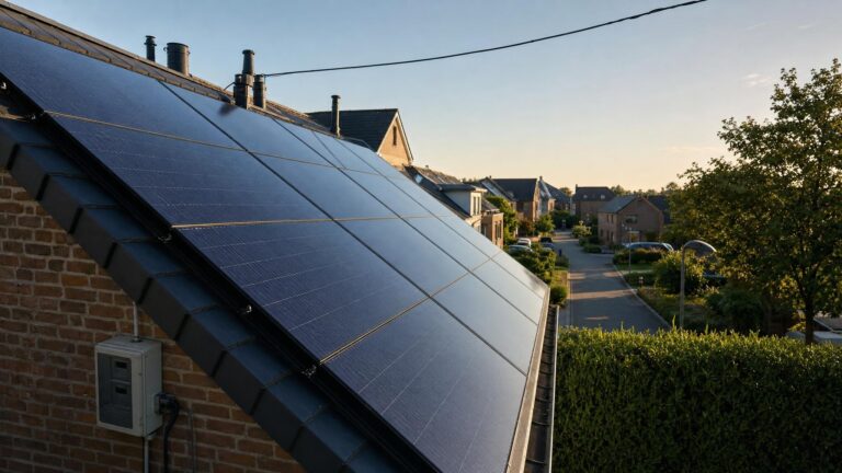 Zonnepanelen op het dak van een Nederlands rijtjeshuis in de late namiddagzon