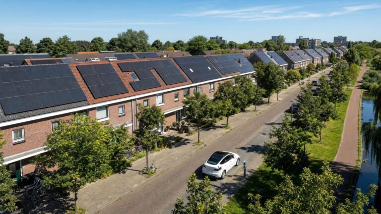 Rijen Nederlandse woningen met daken vol zonnepanelen op een zonnige dag