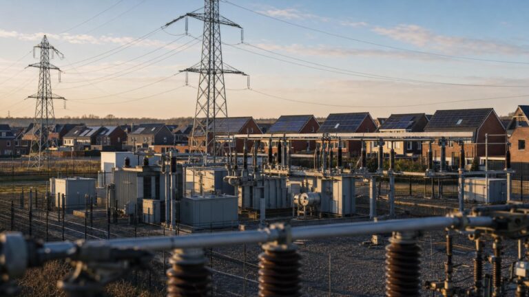 Hoogspanningsstation met transformatoren aan de rand van een woonwijk met zonnepanelen op de daken