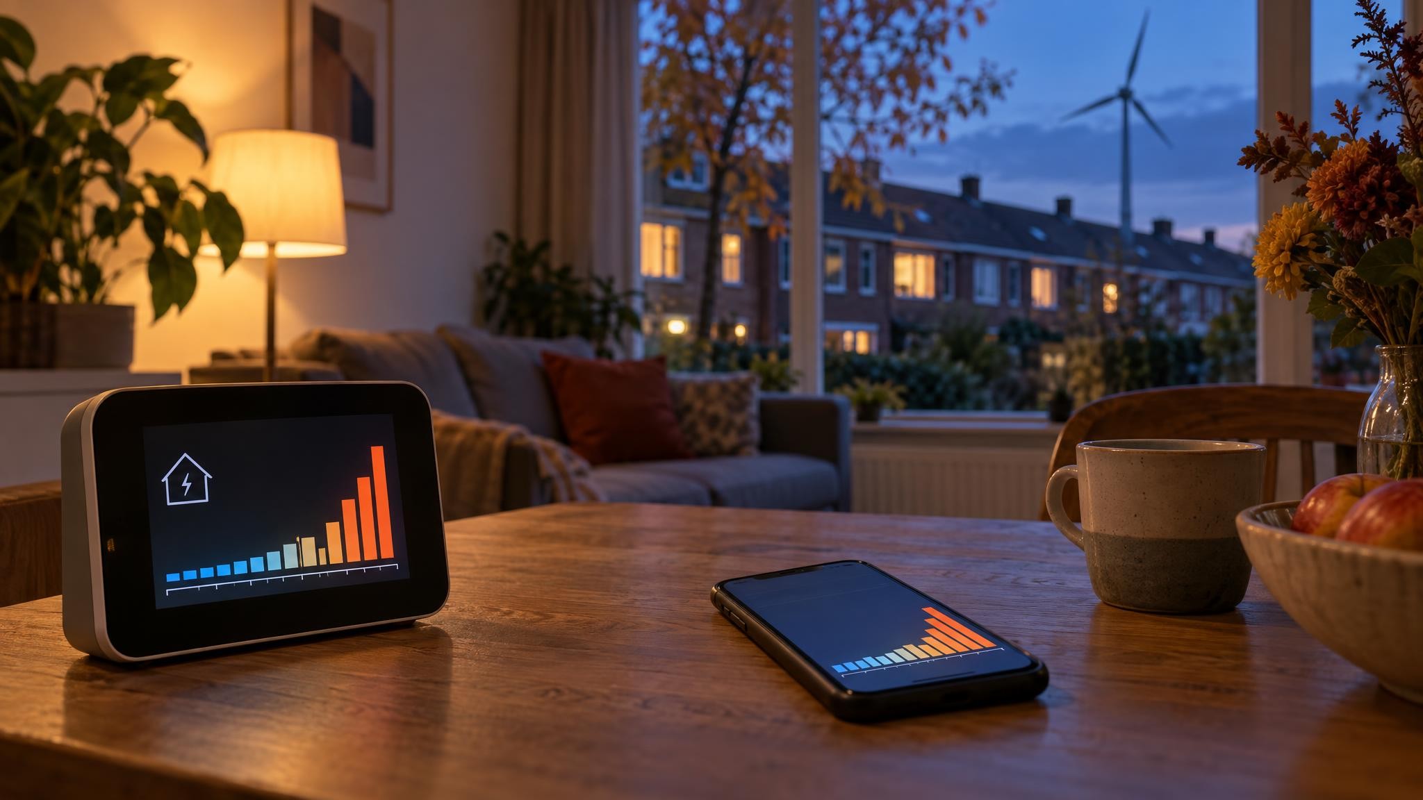 Keukentafel met slimme energiemeter en smartphone met een staafgrafiek van uurprijzen, met door het raam rijtjeshuizen en een windmolen in de avondschemering