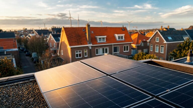 Zonnepanelen op een Nederlands woningdak in de late middagzon