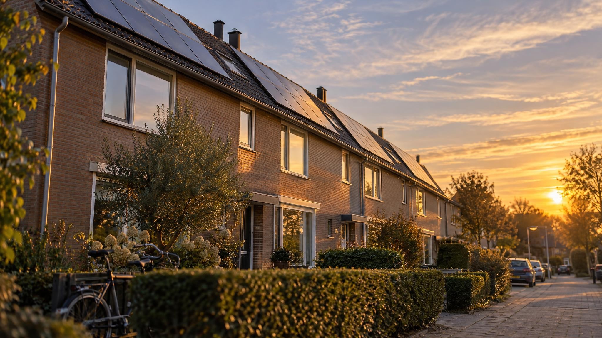 Zonnepanelen op het dak van een Nederlandse rijtjeswoning in de late middagzon