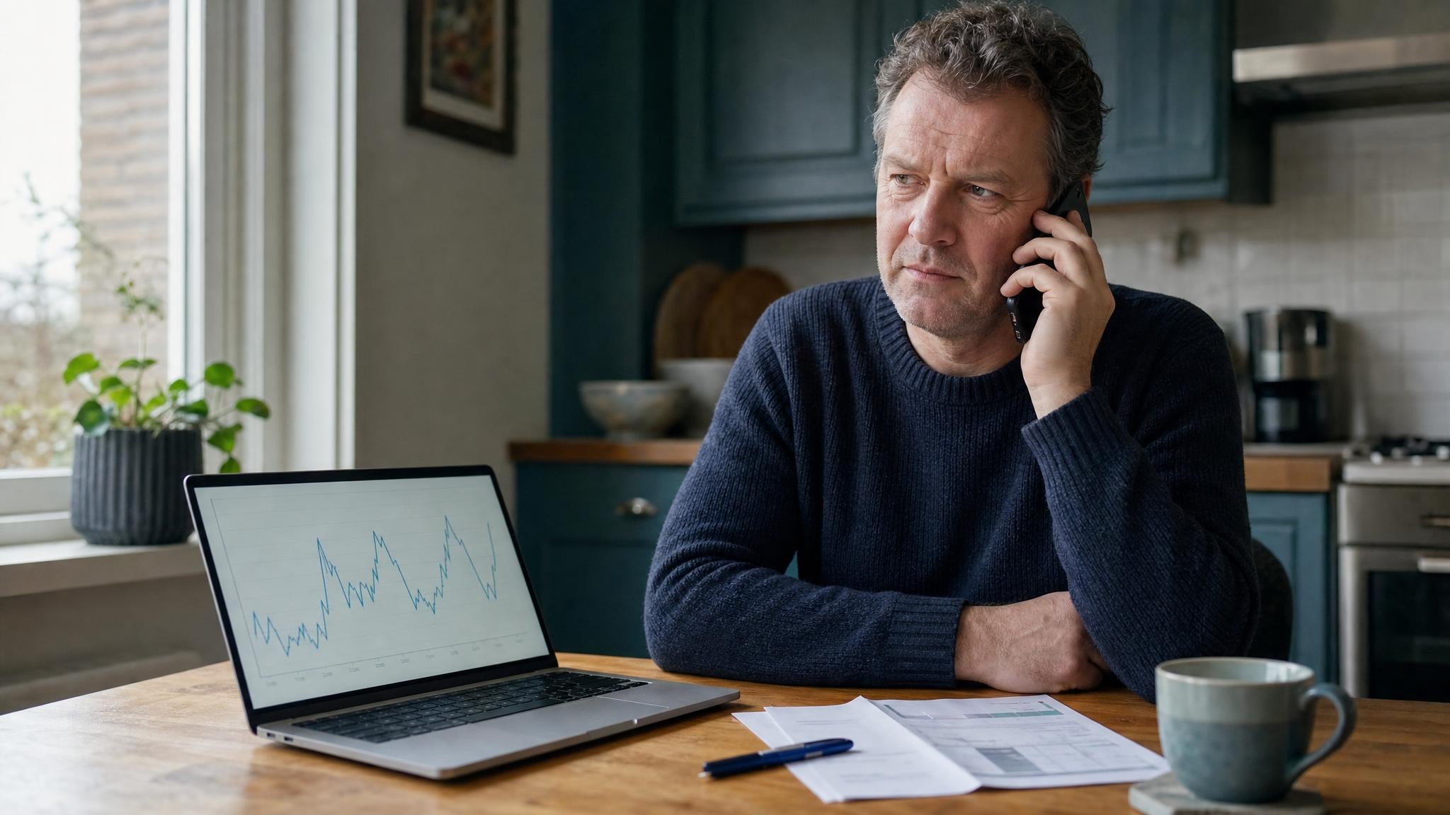 Persoon aan de keukentafel met telefoon aan het oor, laptop met grafiek van uurprijzen en een energierekening