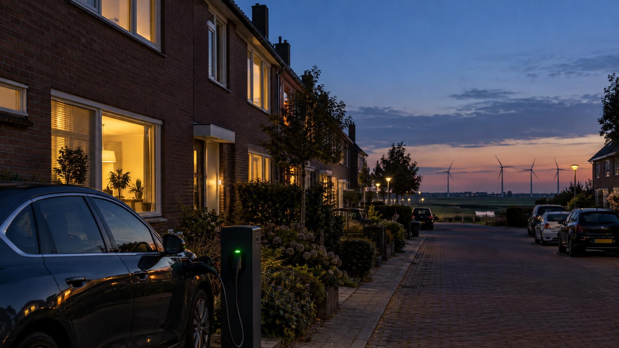 Elektrische auto aan een laadpaal bij rijtjeshuizen in de avond, met windmolens aan de horizon