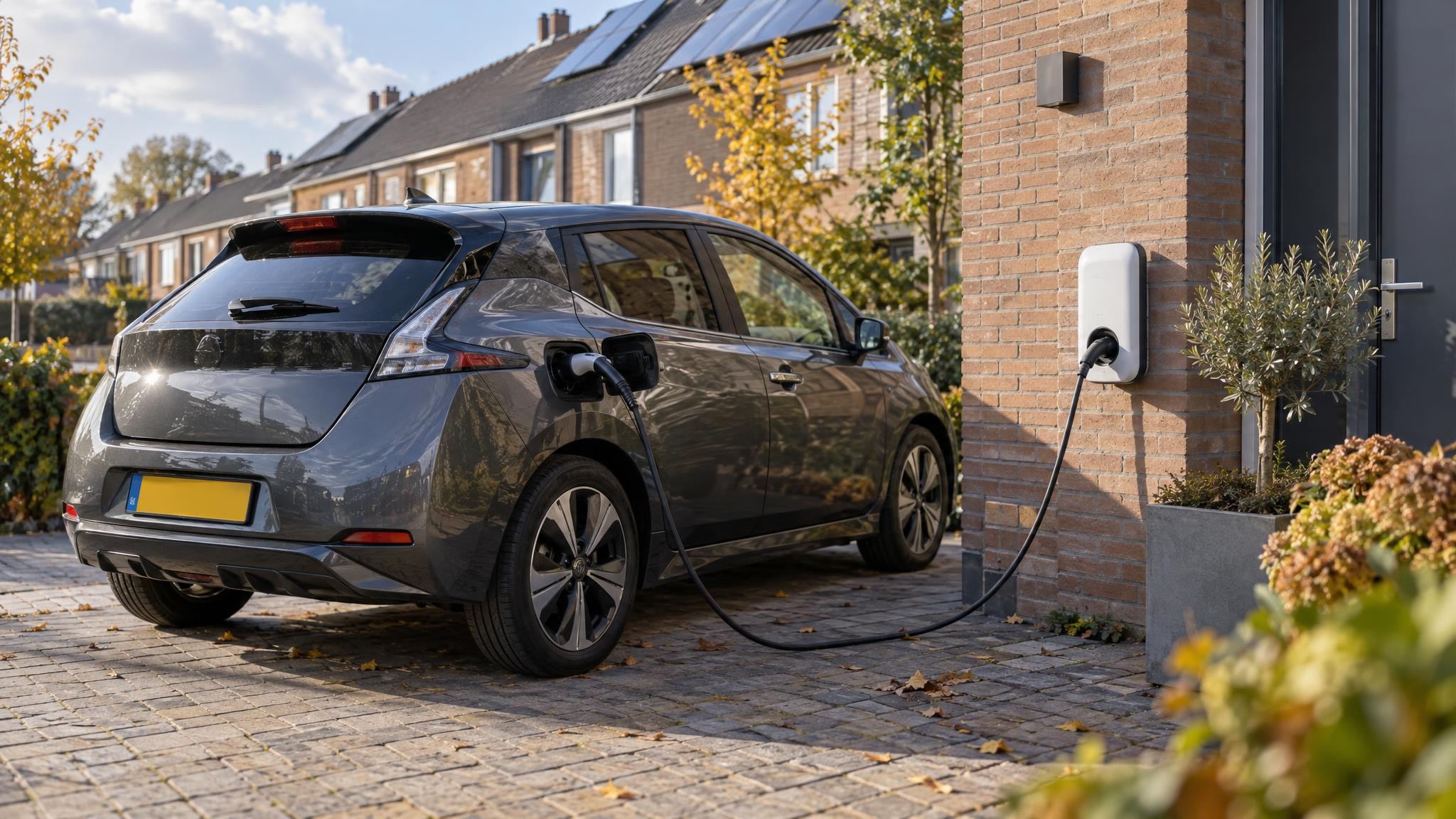 Gebruikte elektrische auto aan een laadpaal voor een Nederlandse rijtjeswoning