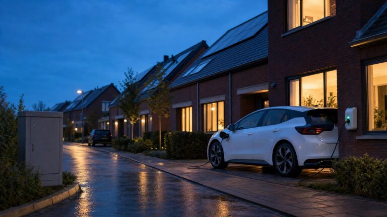 Nederlandse woonstraat in de schemering met een elektrische auto aan de laadpaal en zonnepanelen op de daken