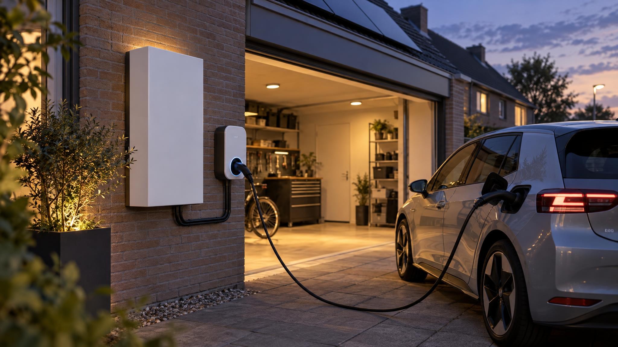 Thuisbatterij aan de muur van een garage naast een laadpaal met een aangesloten elektrische auto in de avondschemering