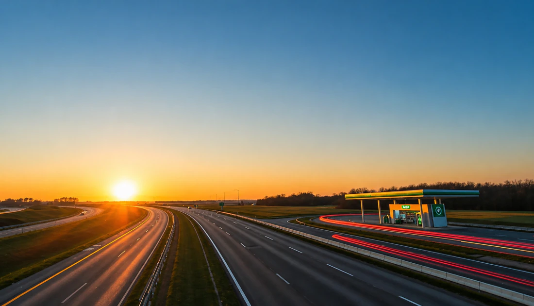 Nederlandse snelweg met tankstation in de avondzon